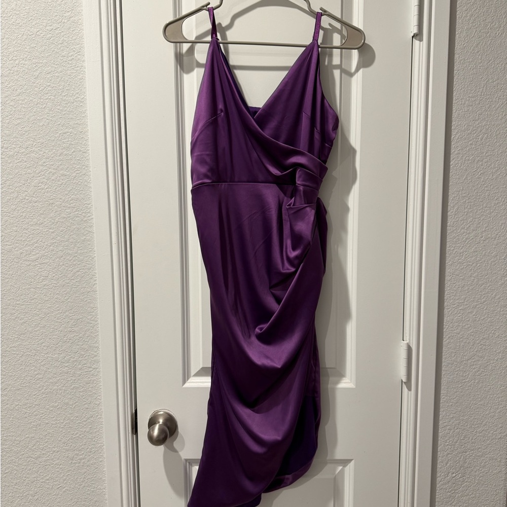 PARTHEA Ruched Wrap Asymmetrical Hem Satin Cami Party Dress